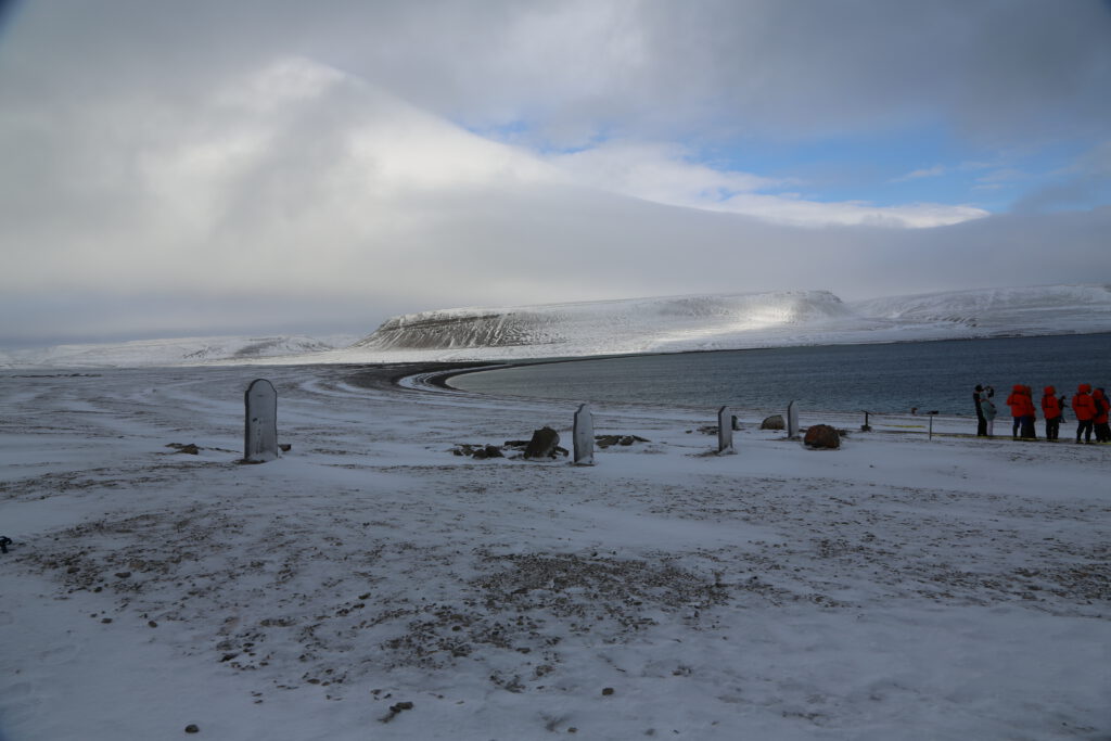 Many explorers found their last resting place in the Arctic. Four grave headstones from the Franklin expedition 1845, Beechey Island, Nunavut, Canada.
